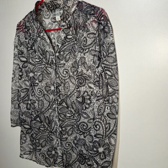 Coldwater Creek Sheer Floral Blouse Black White 3/4 Roll Tab Sleeve L Top Large - Picture 2 of 10